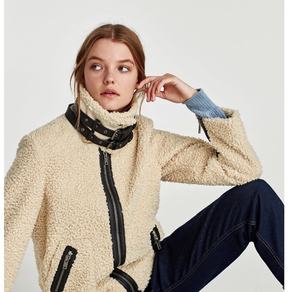 Zara Cream Shearling Faux Fur Jacket with Pleather Detailing and Plush Collar